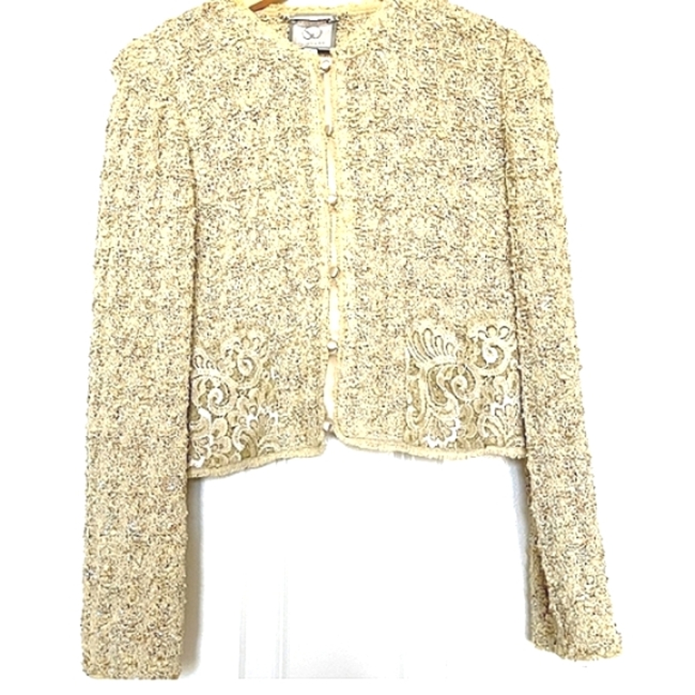 ST JOHN COUTURE 8 BOUCLE CROCHET AURORA BOREALIS LACE CREAM WOOL SILK SKIRT SUIT - Picture 15 of 16